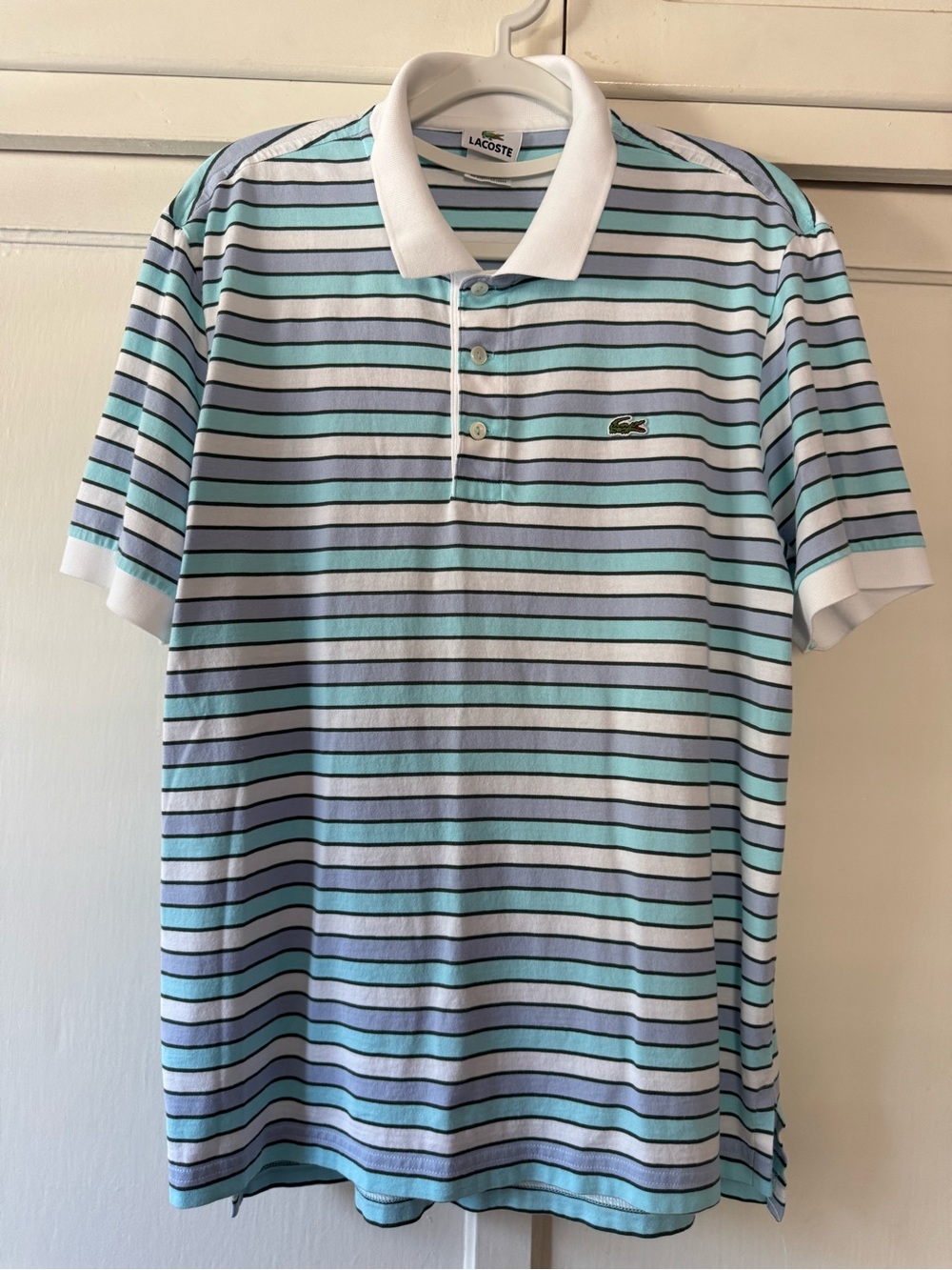 Lacoste Men’s Striped Polo Shirt in Light Blue & White Sz 4